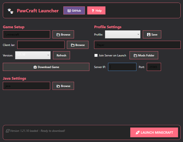 PawCraft Launcher Interface